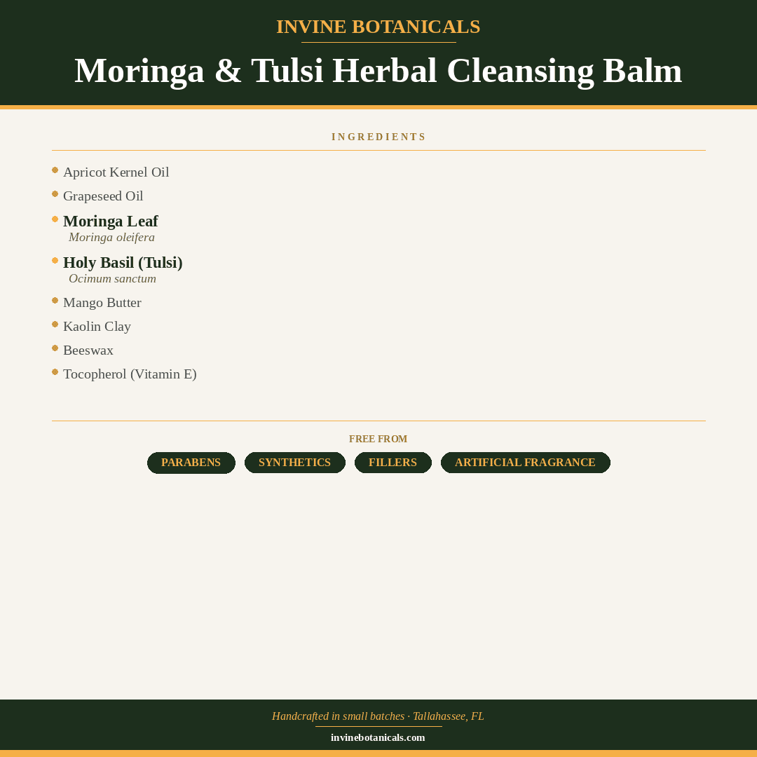 Moringa & Tulsi Herbal Cleansing Balm ingredient list