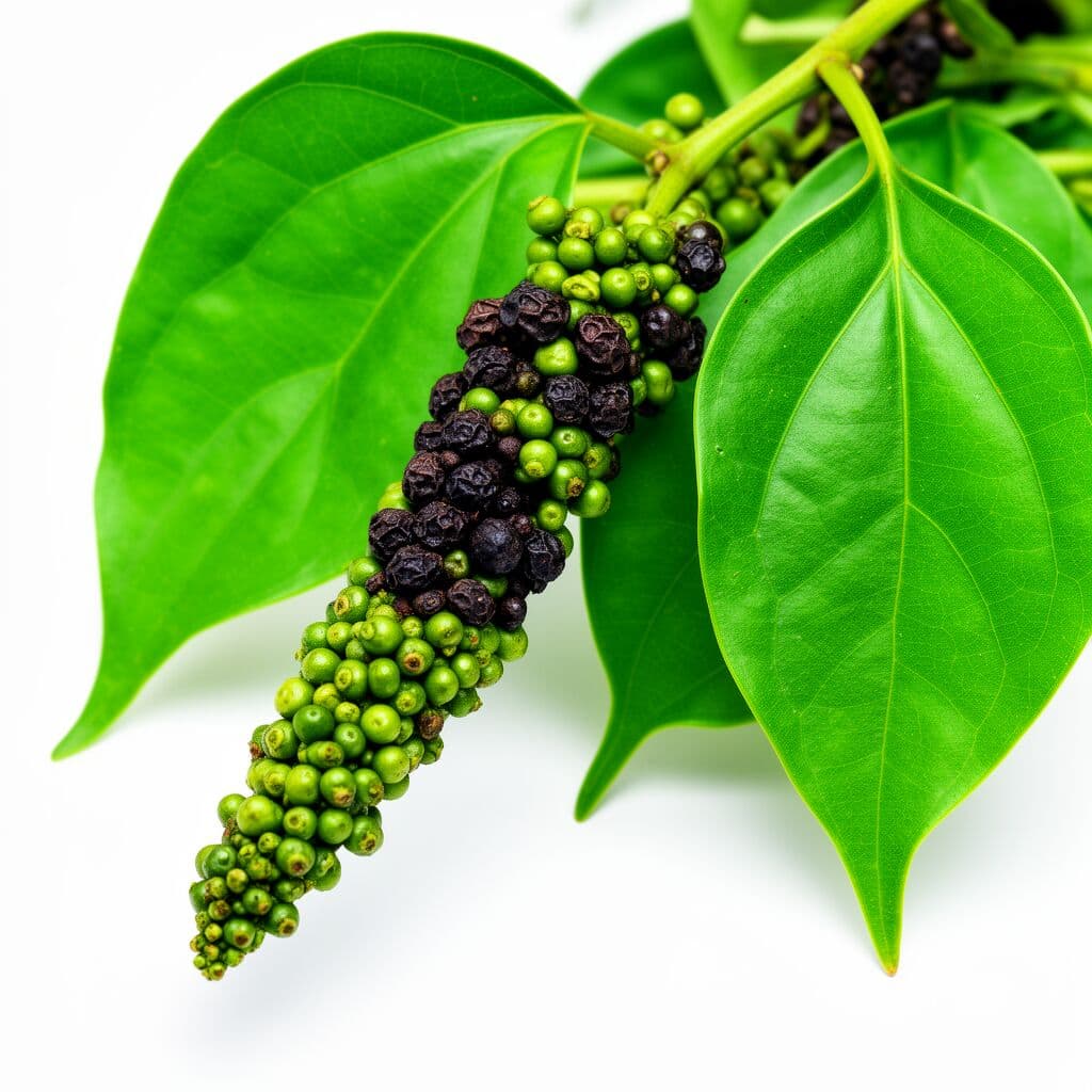 Whole black peppercorns in a pile showing their dark wrinkled surface