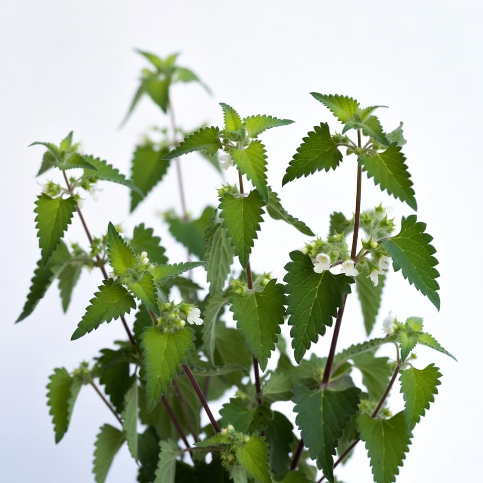 Catnip plant with heart-shaped serrated leaves and small white flower spikes