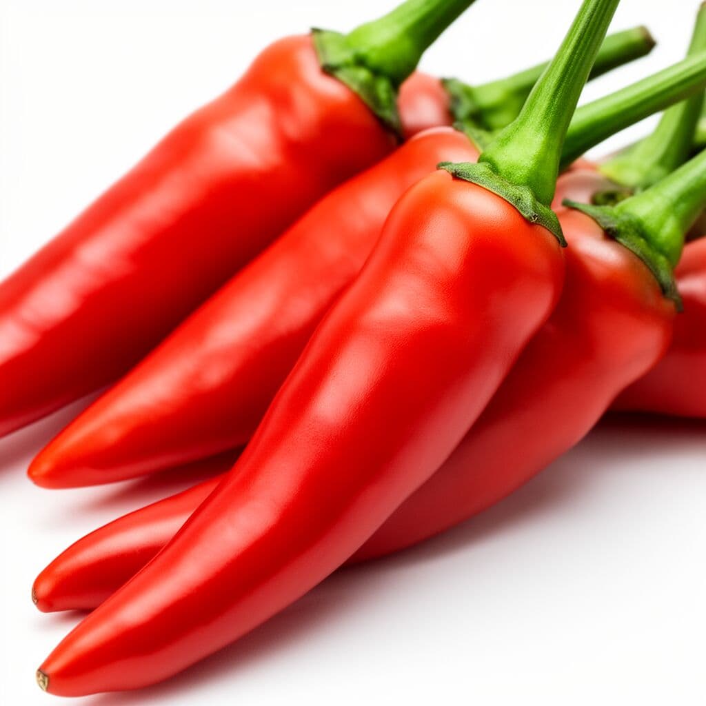 Dried red cayenne peppers with vivid color and textured skin