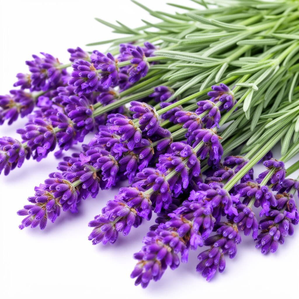 Lavender stems in bloom with purple flower spikes against soft light