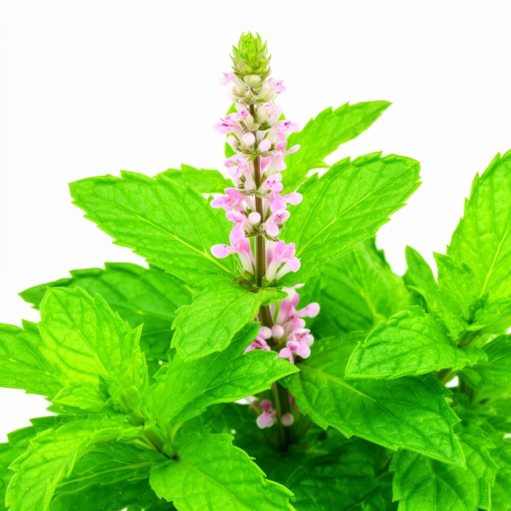 Spearmint plant with bright green pointed leaves and upright stems