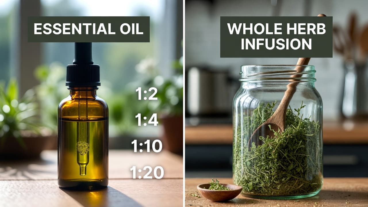 Whole herb infusion jars beside essential oil bottles illustrating the difference in extraction methods