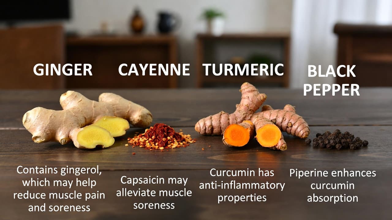 Four warming botanicals — cayenne, ginger, black pepper, and turmeric — for muscle relief