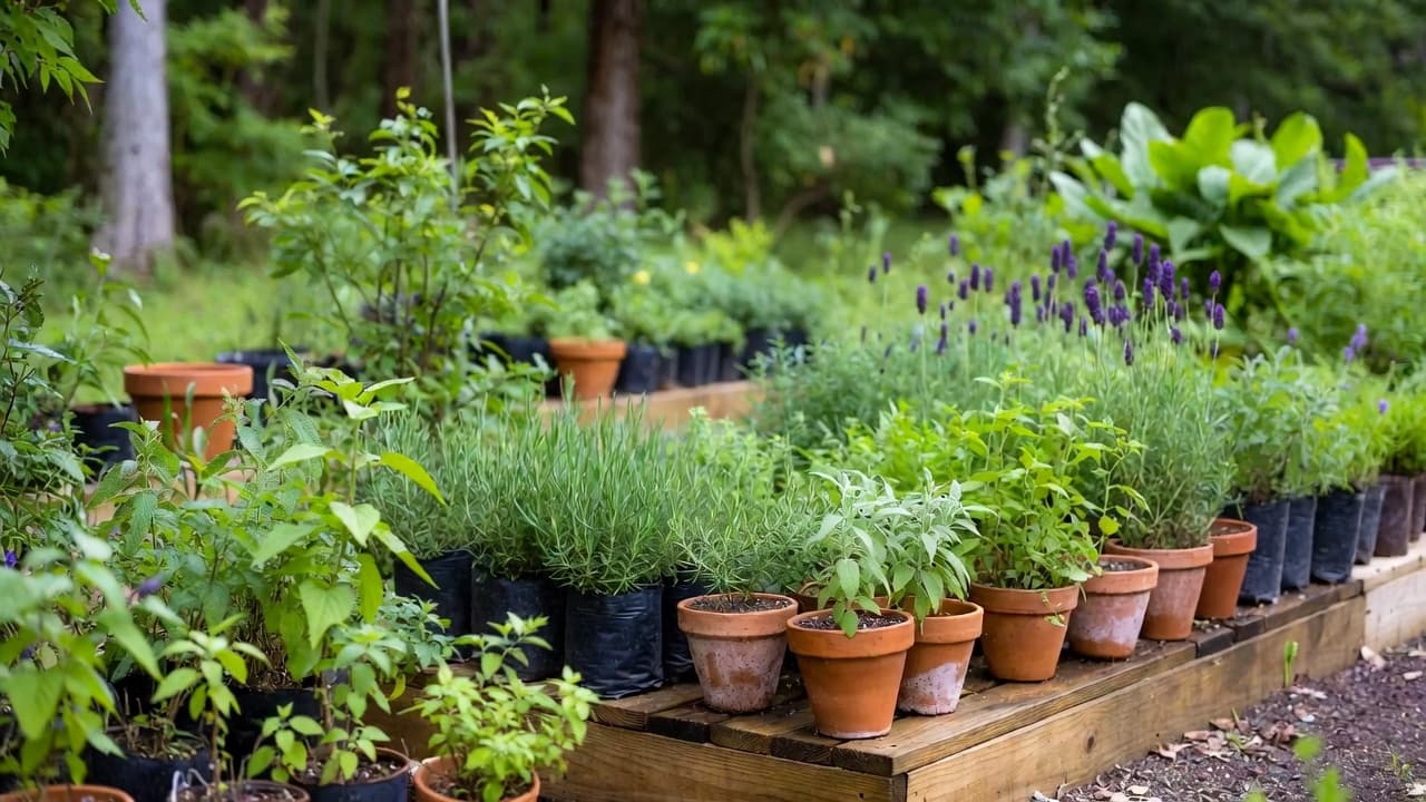 Medicinal herbs growing in a Florida garden — lemongrass, turmeric, and ginger in the heat