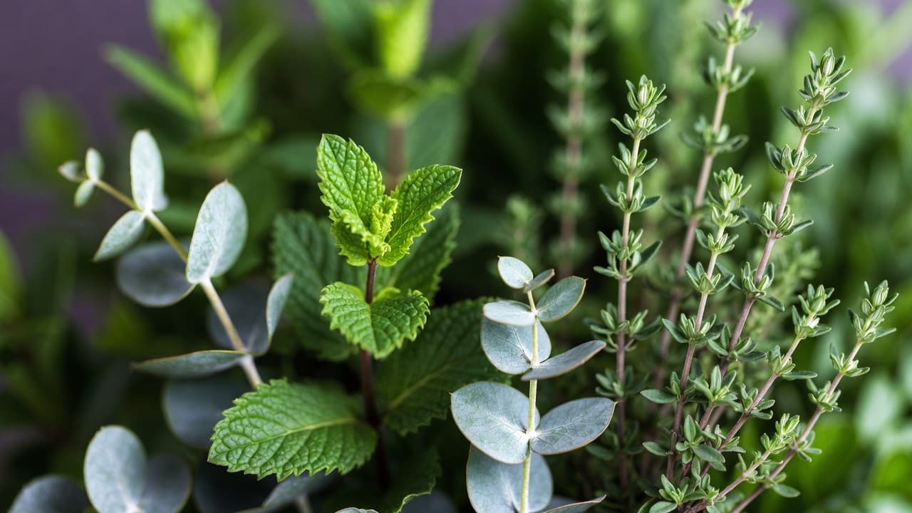 Herbs for clear breathing — eucalyptus, peppermint, and rosemary botanicals