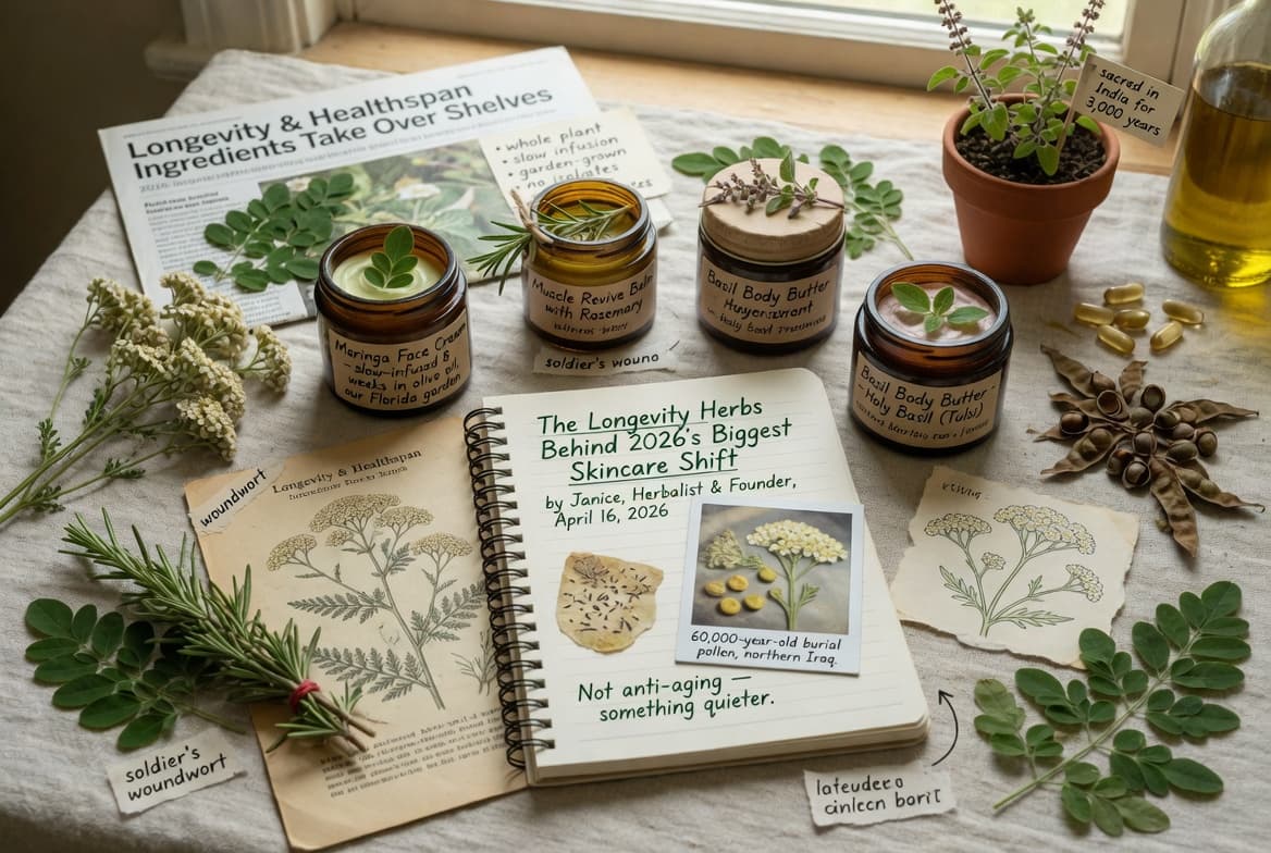 Botanical herbs representing longevity skincare traditions