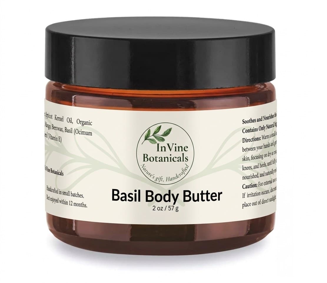 InVine Botanicals Basil Body Butter in an amber glass jar, a natural alternative to Bath & Body Works body cream