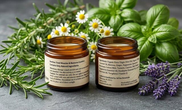 Two amber jars of InVine whole-herb balm with fresh rosemary, basil, chamomile and lavender — a natural alternative to Tiger Balm