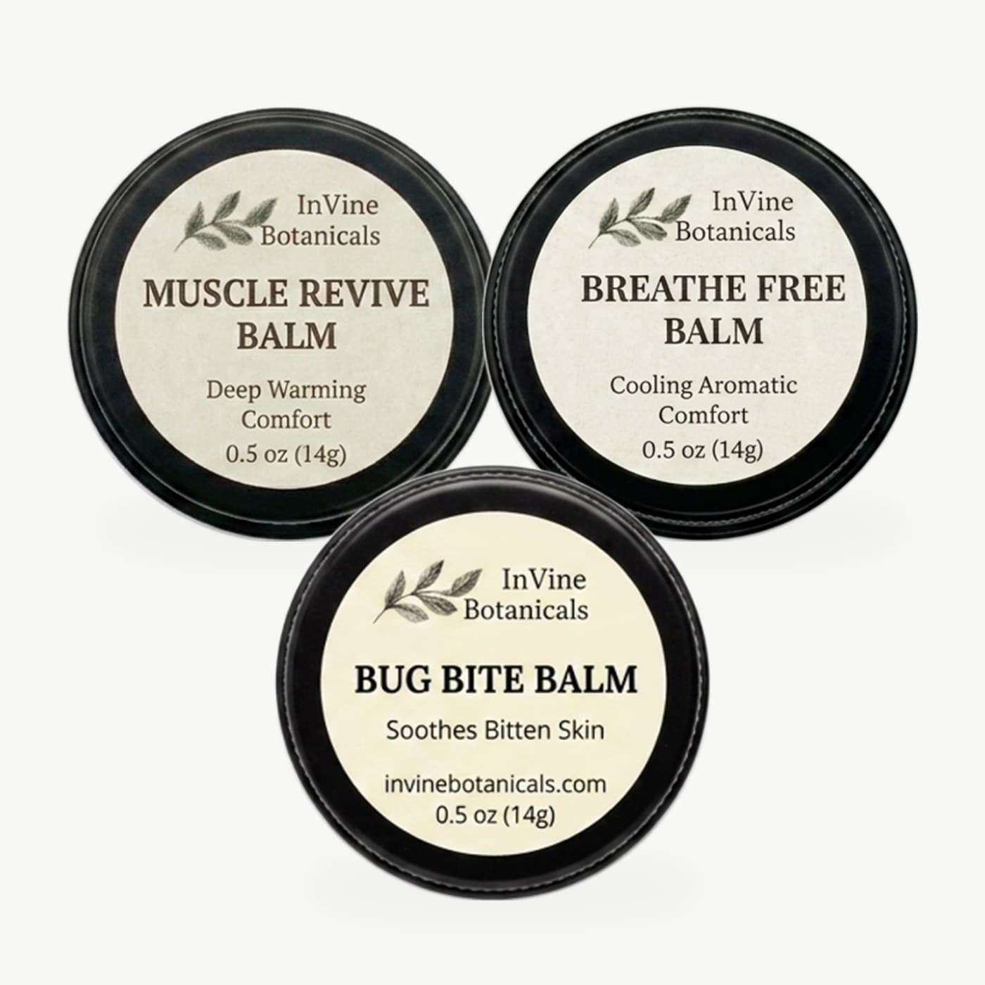 InVine Botanicals Travel Trio, three small screw-top tins of herbal balm, a natural skincare stocking stuffer