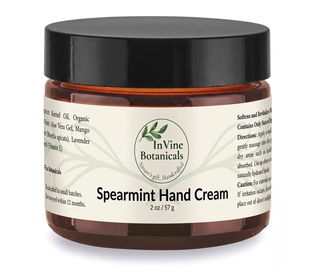 InVine whole-herb spearmint hand cream in a 2oz amber glass jar — Florida-grown spearmint, organic oils, Tallahassee beeswax