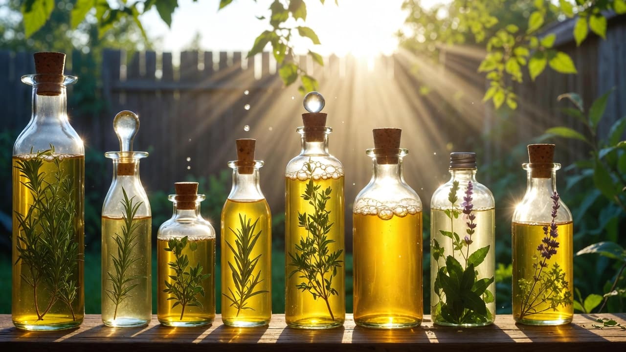 Herb-filled oil jars steeping in sunlight — the art of solar infusion