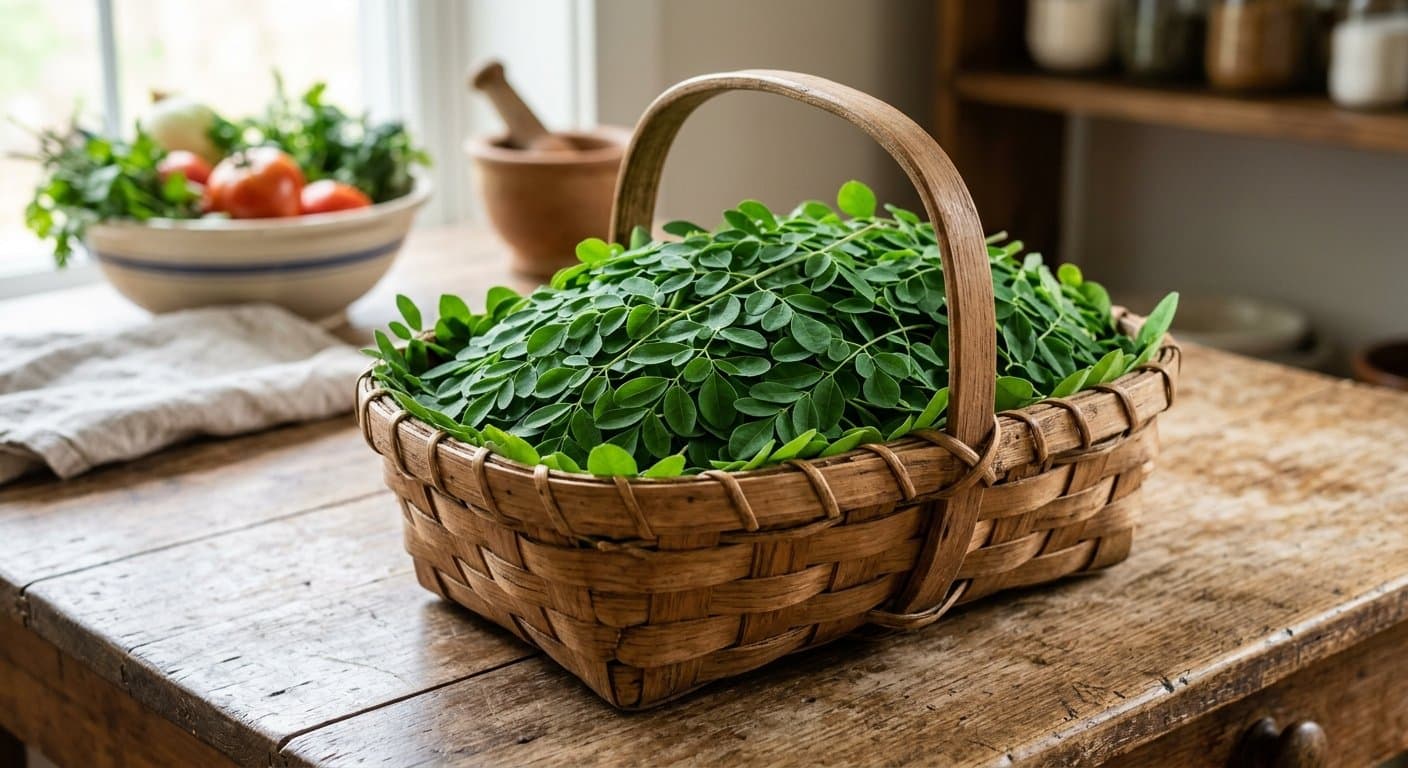 Fresh moringa leaves arranged in a wooden bowl, photographed on a natural wood surface