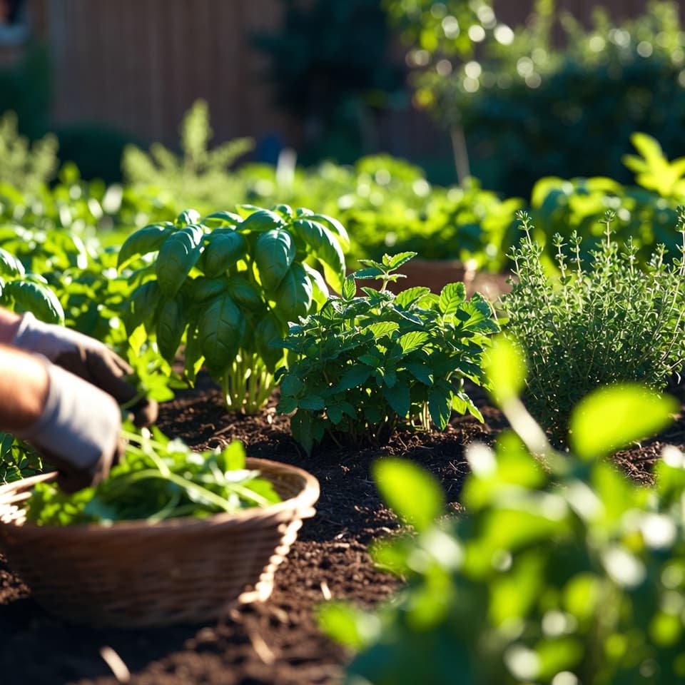 Hands harvesting fresh herbs from a Florida garden in warm morning light