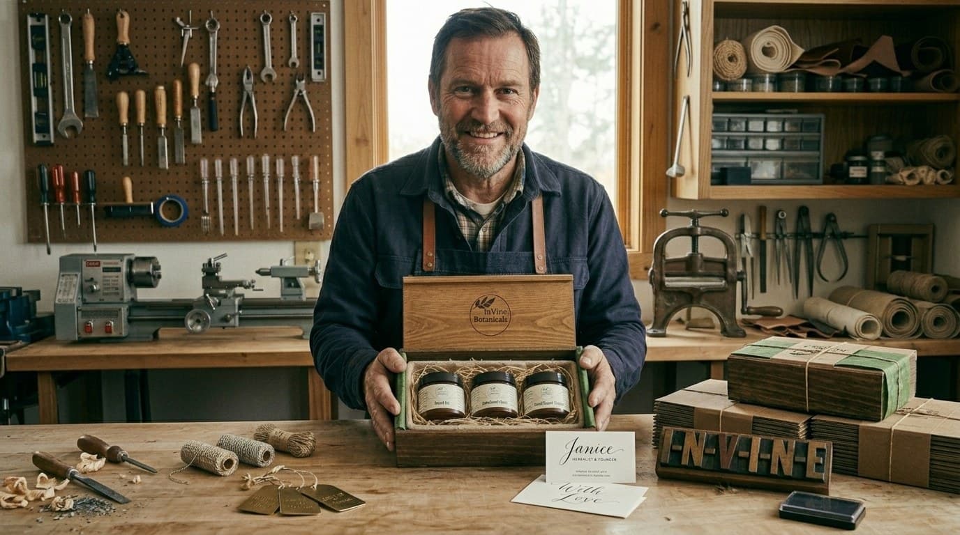 Father's Day gift — InVine Botanicals herbal balms arranged with fresh herbs from a Florida garden