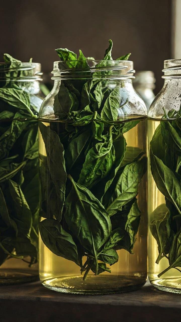 Jars of herbs slow-infusing in organic oils