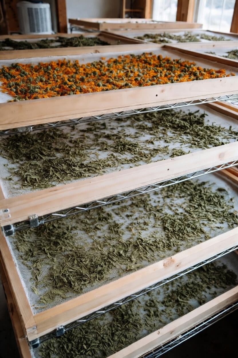 Herbs drying in the InVine botanicals studio