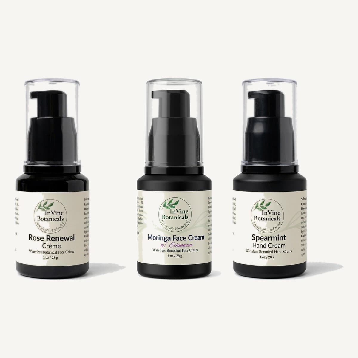 InVine Botanicals Garden Crème Gift Set: Rose Renewal Crème, Moringa w/ Echinacea Face Cream, and Spearmint Hand Cream in 1 oz dark glass pump bottles