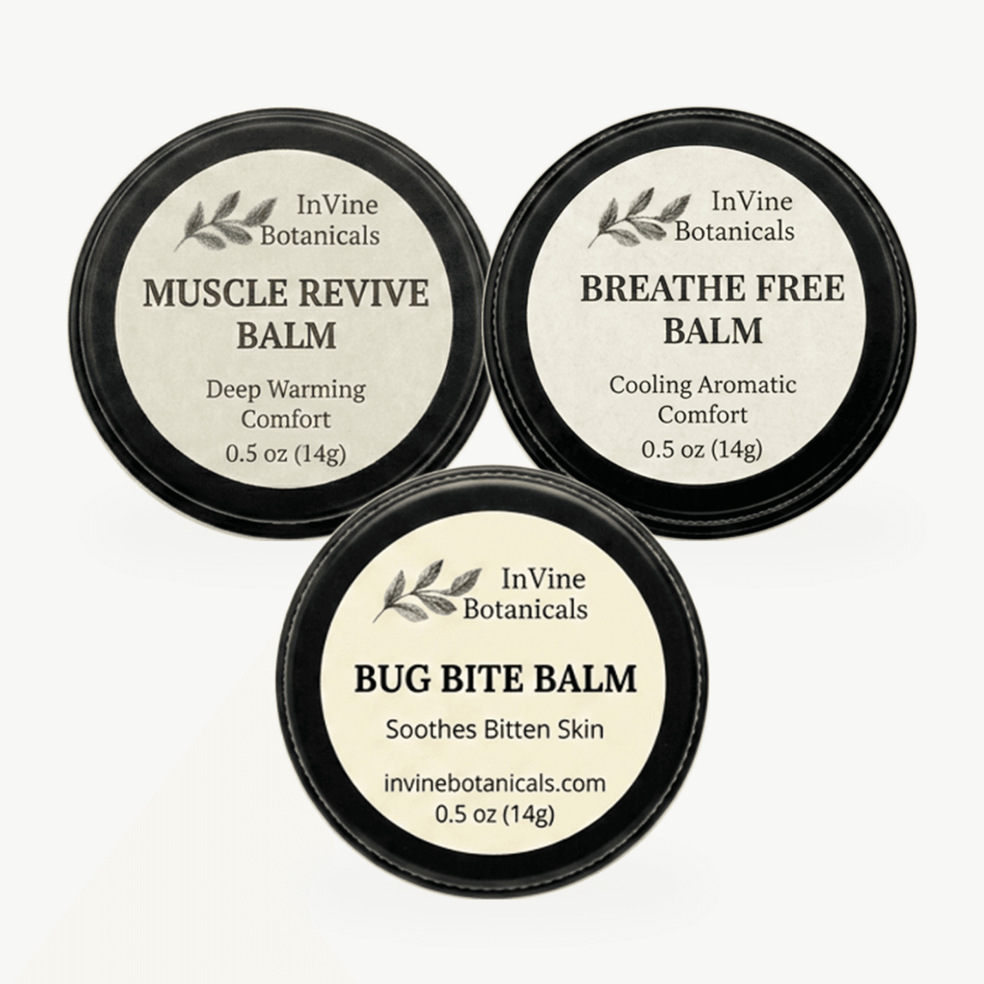 The three InVine Travel Trio tins, Muscle Revive, Breathe Free, and Bug Bite
