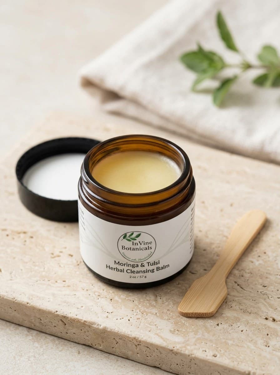 InVine Botanicals Moringa & Tulsi Herbal Cleansing Balm, open jar with spatula beside a linen cloth, a natural alternative to cold cream