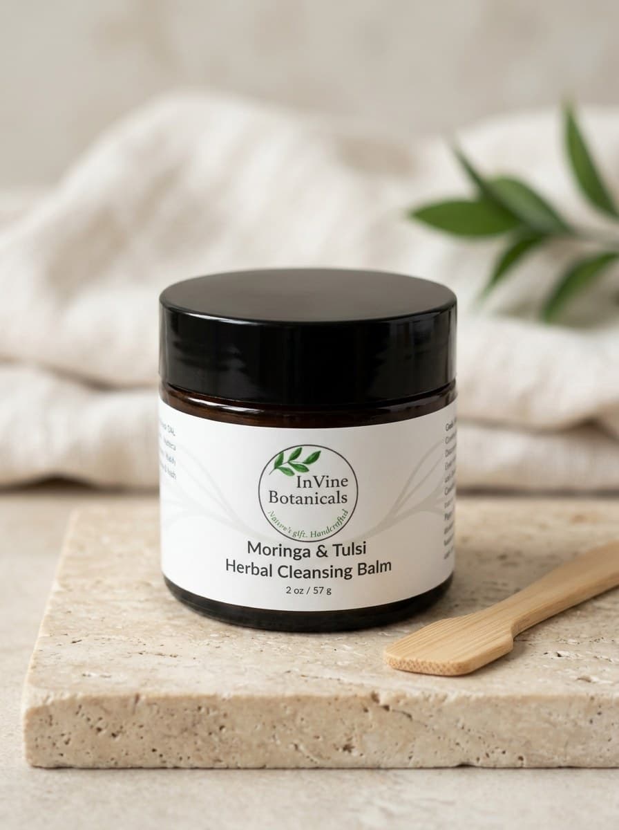 InVine Botanicals Moringa & Tulsi Herbal Cleansing Balm in an amber glass jar, comparing a cleansing balm and a cleansing oil