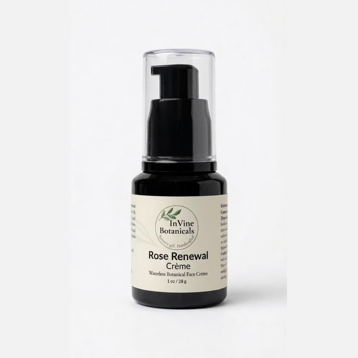 InVine Botanicals Rose Renewal Crème in a 1 oz glass pump bottle, whole-herb infusion of rose, rosemary, and spearmint