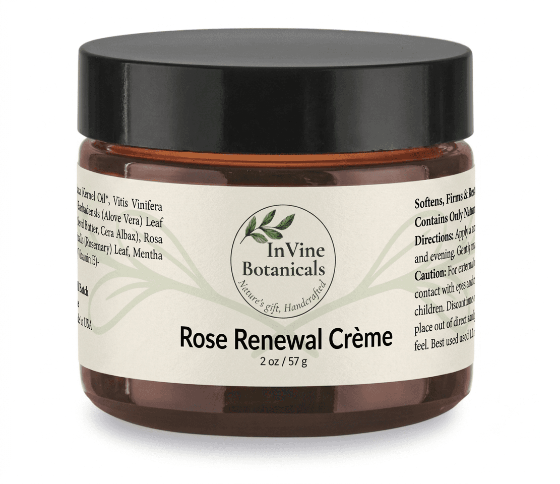 InVine Botanicals Rose Renewal Crème in 2oz amber glass jar — whole-herb infusion of rose, rosemary, and spearmint