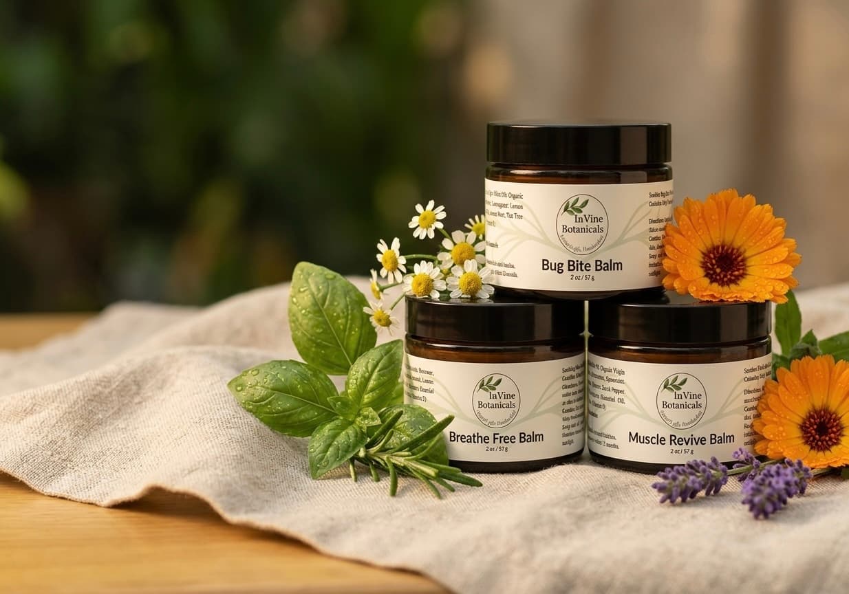 InVine Botanicals balm trio with fresh herbs and calendula