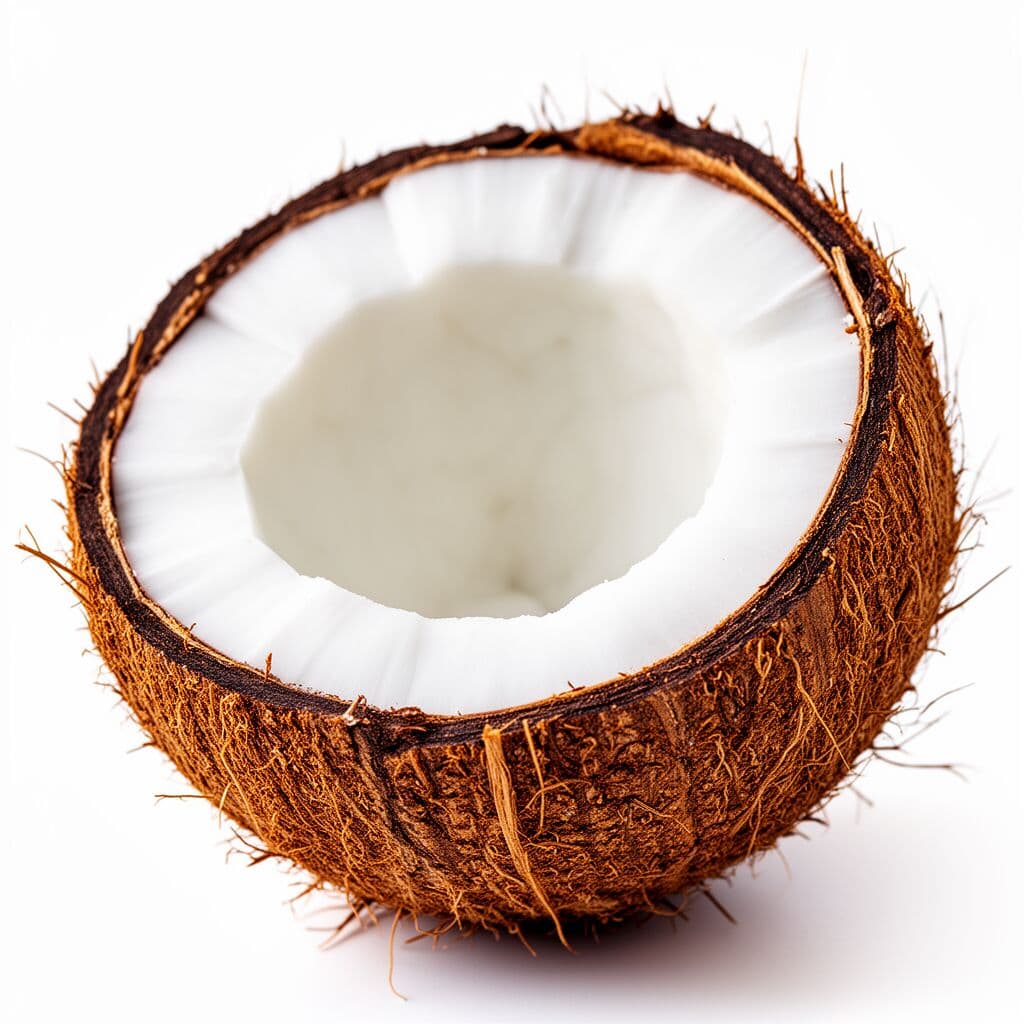 A fresh coconut split open showing the bright white inner meat