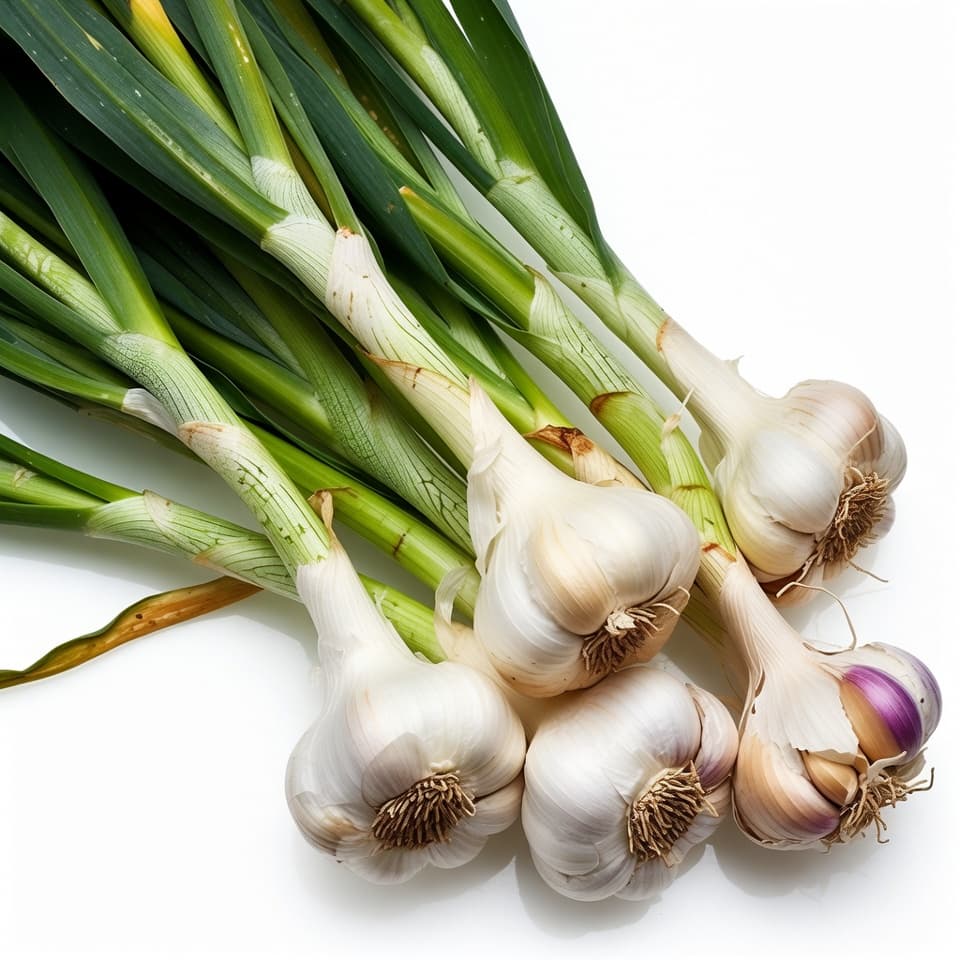 Fresh garlic bulbs with papery white skin and green stems