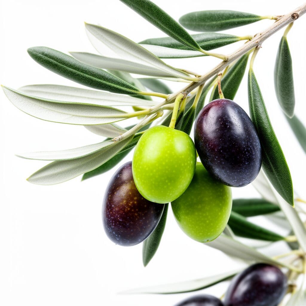 Green and ripe black olives on an olive branch with silvery leaves