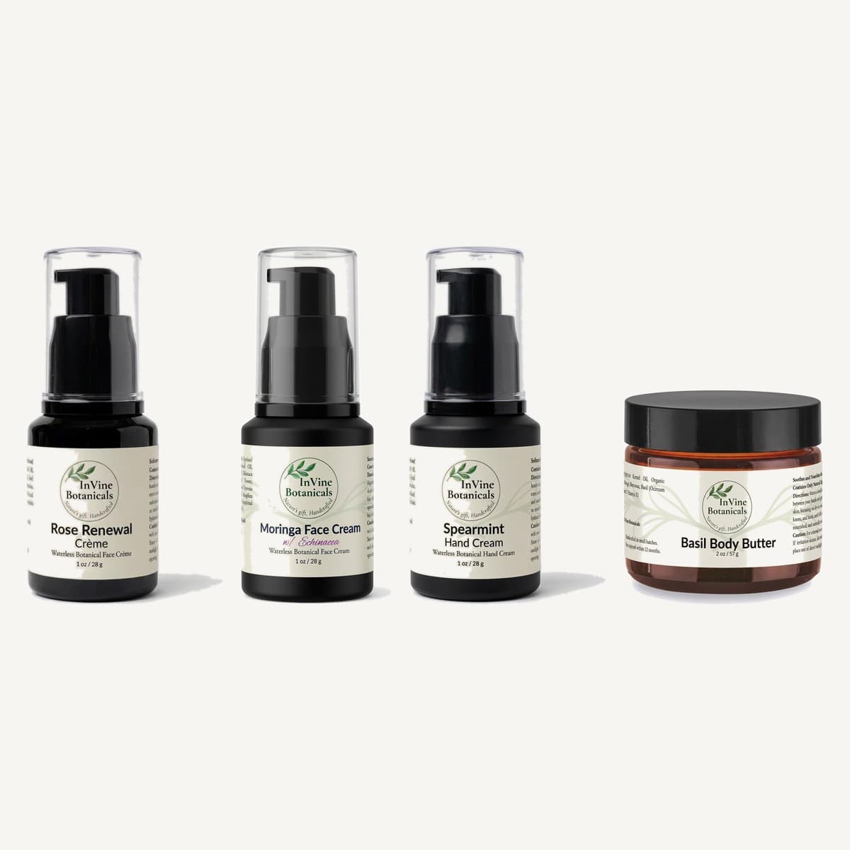 InVine Botanicals waterless crèmes: Rose Renewal Crème, Moringa w/ Echinacea Face Cream, Spearmint Hand Cream, and Basil Body Butter