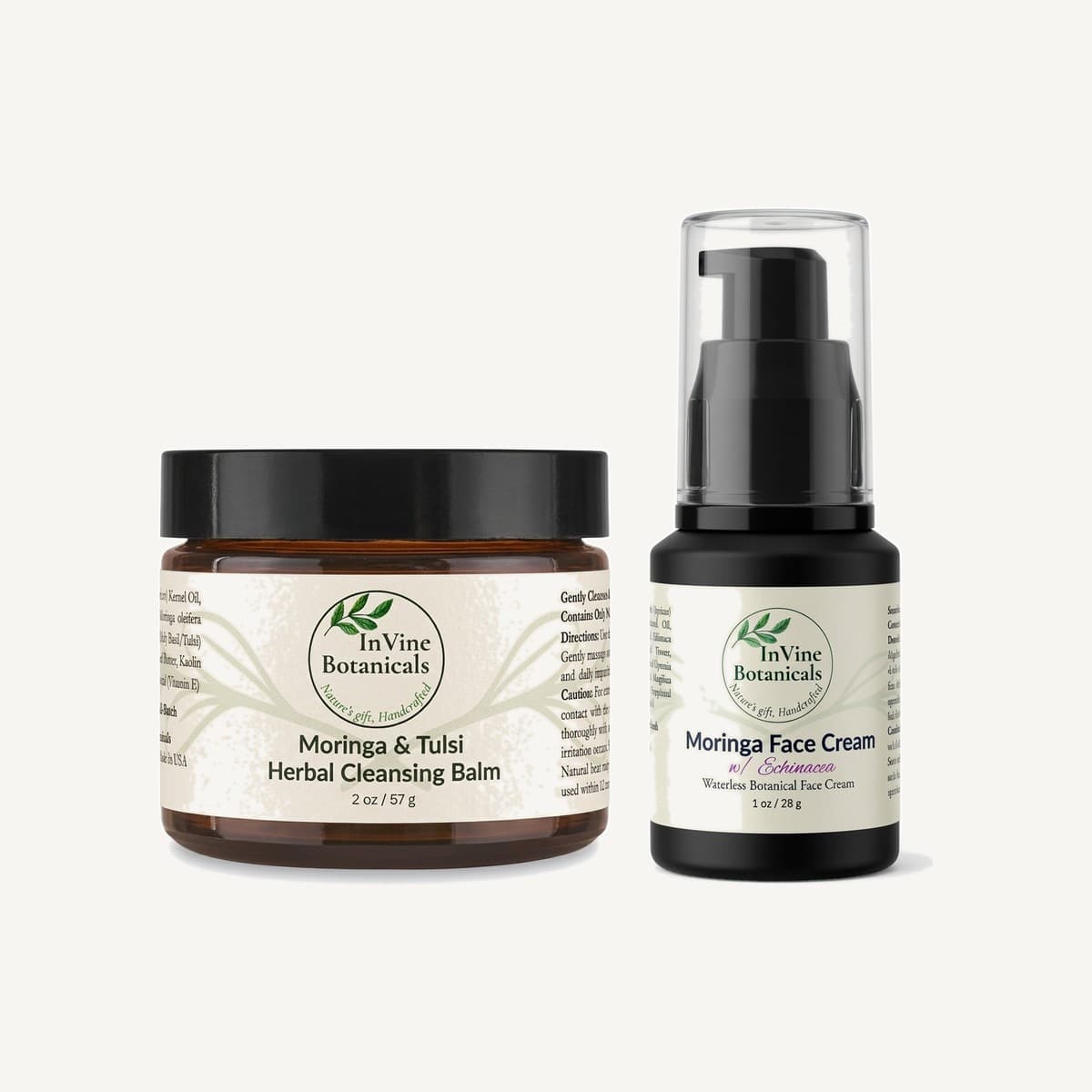 InVine Botanicals Face Ritual Set: Moringa & Tulsi Herbal Cleansing Balm jar with Moringa w/ Echinacea Face Cream pump bottle