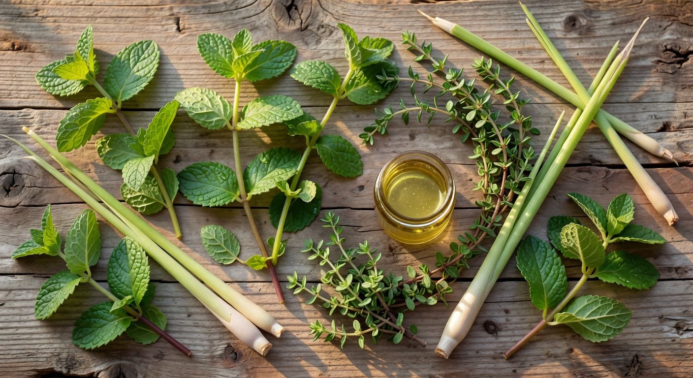 Fresh lemon balm, spearmint, and lemongrass herbs arranged on a weathered wooden surface with a small amber glass jar of botanical infusion, warm Florida morning light