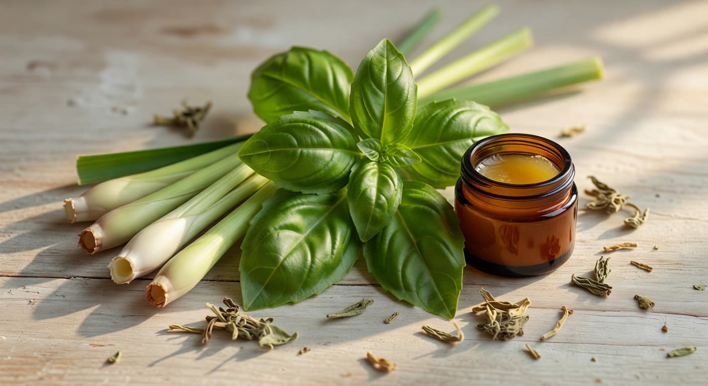 Fresh lemongrass stalks and sweet basil leaves arranged on a weathered wooden surface beside a small amber glass jar of botanical balm, soft natural morning light