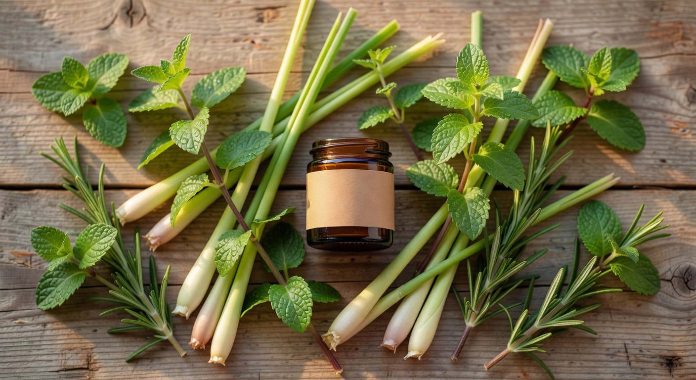 Fresh lemongrass, lemon balm, rosemary, and peppermint herbs arranged on a rustic wooden surface in warm Florida morning light, with a small amber glass jar of herbal balm nestled among the botanicals