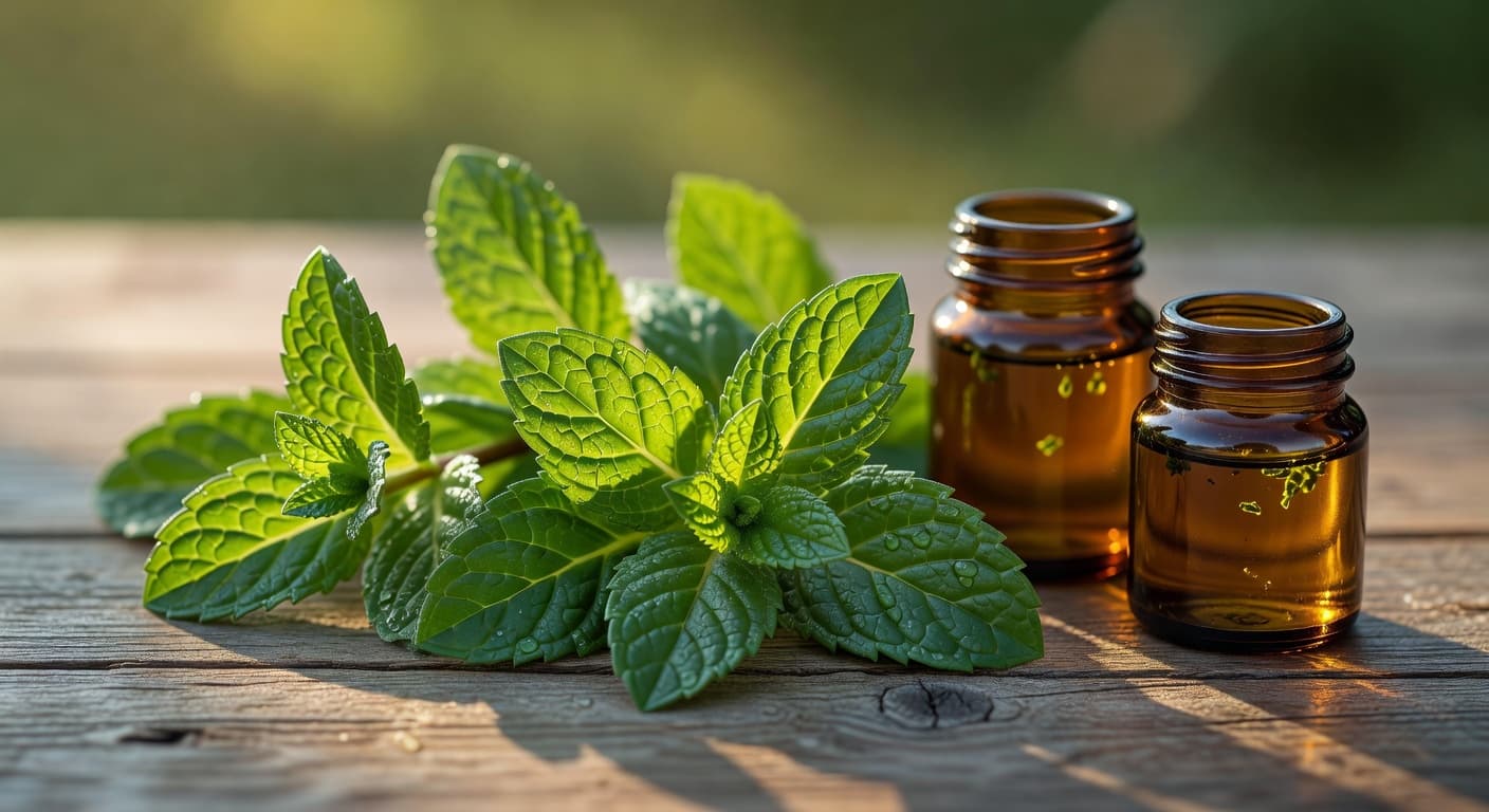 Fresh peppermint and spearmint leaves side by side on a wooden surface with small glass jars of golden herb-infused oil in warm natural light