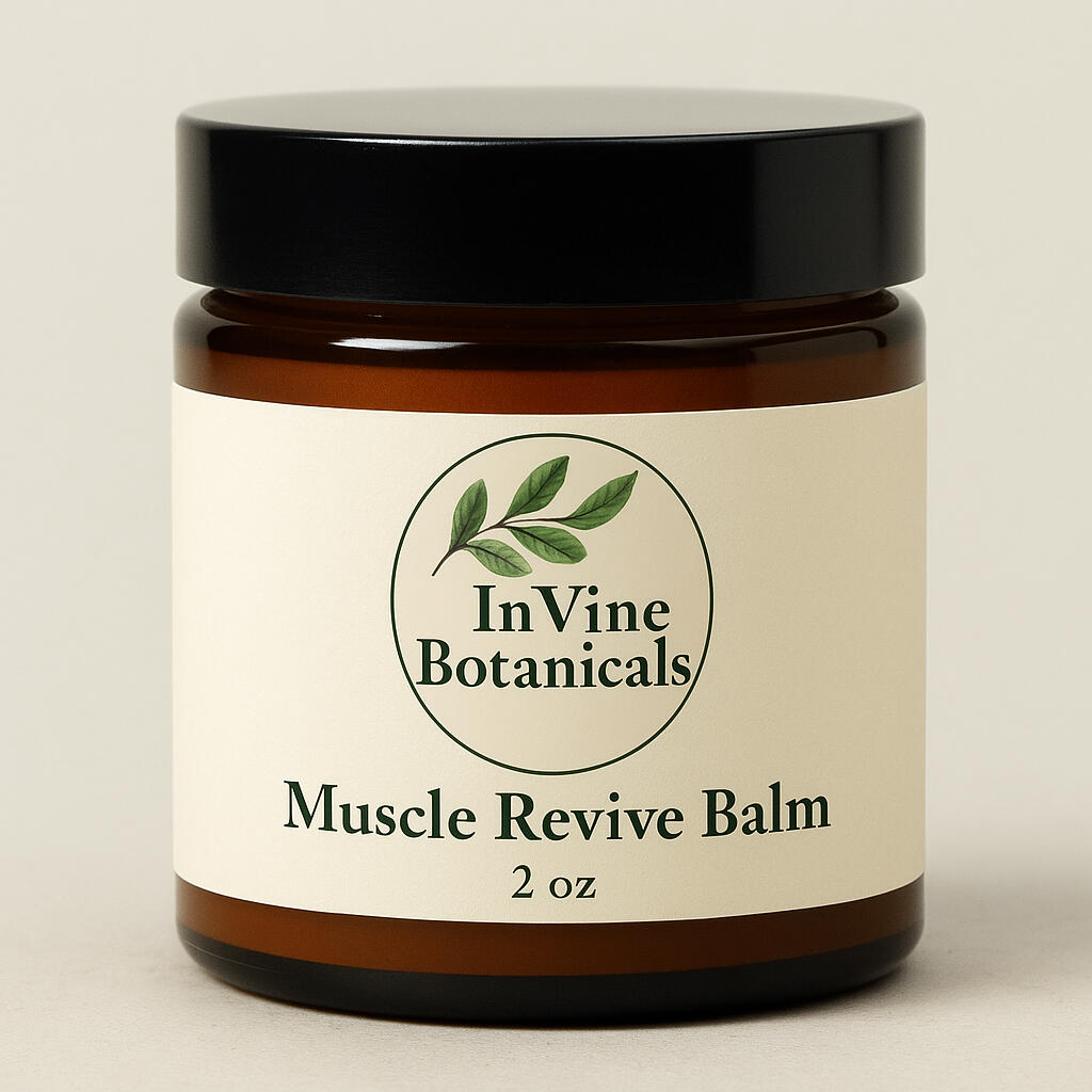 InVine Muscle Revive Balm handcrafted with ginger, mint, and cayenne for sore muscles InVine Muscle Revive Balm handcrafted with ginger, mint, and cayenne for sore muscles